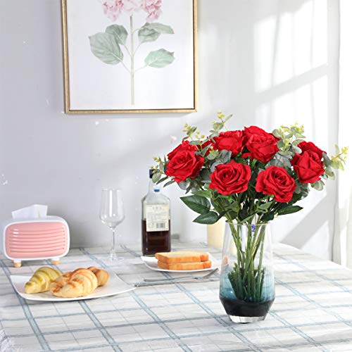 Nubry Artificial Silk Rose Flower Bouquet Lifelike Fake Rose for Wedding Home Party Decoration Event Gift 10pcs (Red) - color: Red