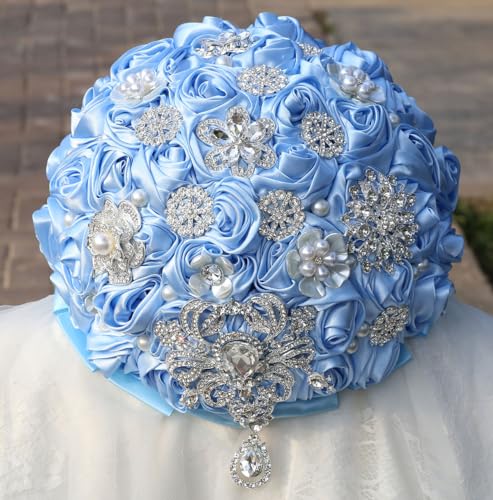 Bridal Wedding Bouquet Round Bling Brooch Bouquet Artificial Rose Flower Bunch for Bride Bridesmaid Wedding Quinceanera(Light Blue, 9.8") - color: Light Blue*, size: Large (Dia. 9.8"/25cm)