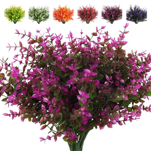 RECUTMS Artificial Flowers, Fake Outdoor UV Resistant Plants Faux Plastic Greenery Shrubs Indoor Outside Hanging Planter Home Kitchen Office Wedding, Garden Decor,8 Packs(Fuchsia Eucalyptus) - color: Fuchsia Eucalyptus, size: 8 Pcs