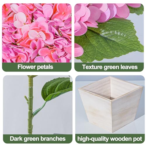 Artificial Hydrangea Flowers Arrangement in Wood Planter, 4PCS Fake Pink Flowers in Wooden Vase Potted Floral Centerpieces for Tables Living Room Home Office Room Shelf Kitchen Decor - color: Pink Hydrangea