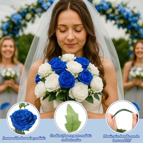 Geosar 8 Bundles Artificial Peonies Flowers Fake Silk Peony Bouquet Faux Peonies Flowers Bulk for Decoration Vase Floral Arrangements Wedding Party Table (Royal Blue,White) - color: Royal Blue, White