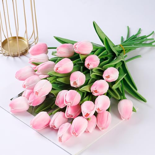 Sggvecsy 30 Pcs Fake Tulips Artificial Flowers Real Touch PU Faux Flowers Tulip Stems for Wedding Spring Bouquet Floral Arrangement Home Party Office Decorations for Mother's Day (Light Pink) - color: Light Pink, size: 30 Pcs