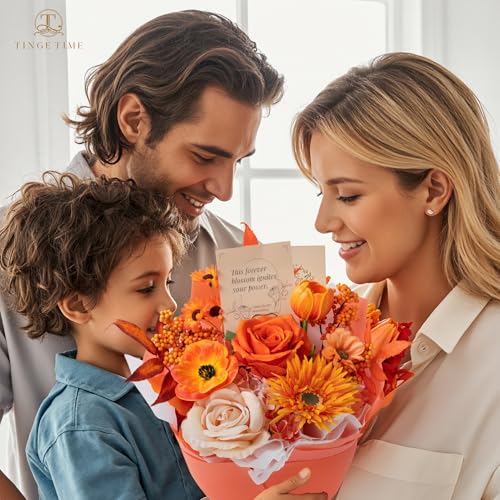 TINGE TIME Preserved Flowers Bouquet, Sunflower and Rose Bouquets, Orange Artificial Flowers Bouquet for Table Centerpiece Mothers Day Gifts Birthday Gifts Wedding Anniversary Housewarming - color: Brunt Orange