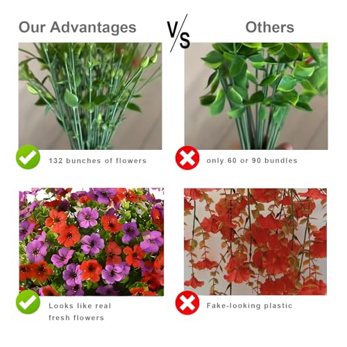Artificial Hanging Flowers Plants for Outdoors, 2 PCS UV Resistant Faux Silk Daisy(132 Branches Per Bundle), Home Garden Balcony Yard Porch Decor(Purple Red) - color: Purple Red