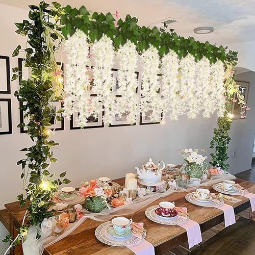 RECUTMS Artificial Lilac Flowers Garland 8Pcs-24Branches 33.5in Fake Syringa Wisteria Vines Faux Silk Lilac Hanging Floral Decoration for Indoor Outdoor Wedding Arch Birthday Party Garden (White) - color: White