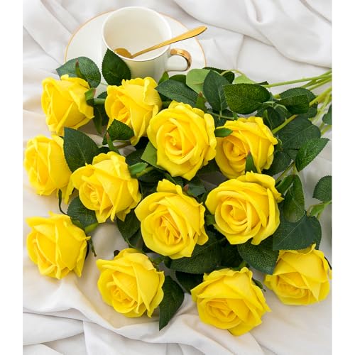 Hawesome 12PCS Artificial Flowers Fake Roses, Realistic Velvet Long Stem Red Roses Bouquet for Wedding Centerpiece Home Decor Party & Valentines (Yellow) - color: Yellow