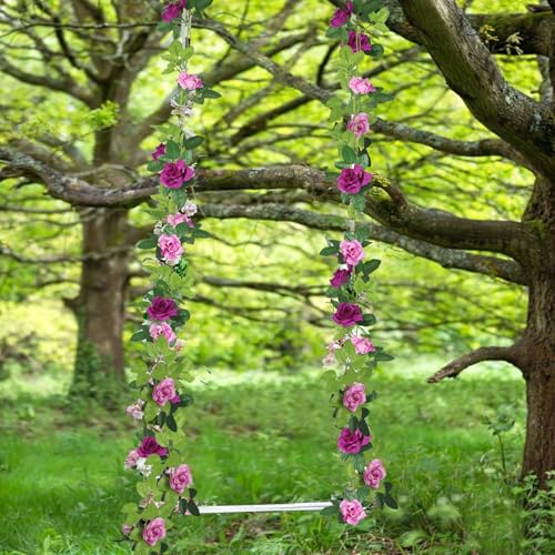 2 Pcs Artificial Rose Garland Spring Flowers Vines Hanging Outdoors Silk Rose Vine 15.8ft Silk Flowers Rose Ivy Vines Flower Garland for Backdrop Bedroom Wedding Arch Decor Wall Party Home Pink - color: Fuchsia