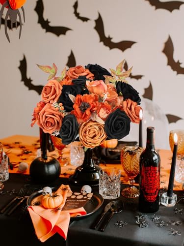 Artificial Flowers Combo Box Set Fall Fake Flowers Silk Mix Roses Peonies with Stems for DIY Bridal Wedding Decor Bouquets Centerpieces Baby Shower Party Home Decorations Orange Black 24pcs - color: Orange Black