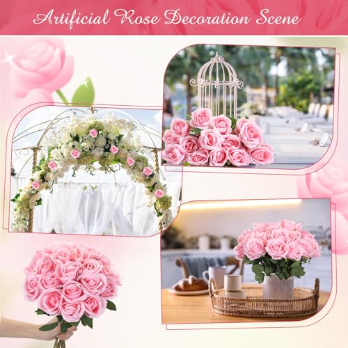 Lyrow 200 Pcs Artificial Roses Realistic Flowers Bulk Real Looking Fake Silk Rose Bouquets with Long Stem Flowers for Wedding Table Centerpieces Bridal Shower Party Home Garden Decor (Pink) - color: Pink