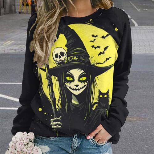 MARSVOVO Witch Sweatshirts For Women Novelty Halloween Witch Print Spooky Season Fashion Party Long Sleeve Fall Tops - color: A Black, size: XX-Large