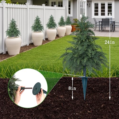Yangrass 2 Pack 24" Cypress Topiary Trees Artificial Outdoor with Ground Spike, UV Resistant Fake Shrubs Bushes Faux Cedar Pines Trees, Real Touch Faux Evergreen Plants for Home Front Porch Garden - color: Cypress