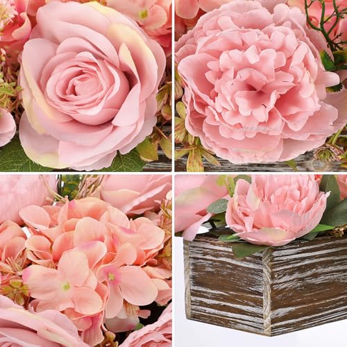 Flower Arrangement with Wooden Vase 14" Artificial Flowers in Pot - Fake Flowers Roses Peonies Hydrangeas in Wooden Vase Potted Artificial Flower Centerpieces for Table Decor Living Room - Dusty Pink - color: 14"l Dusty Pink