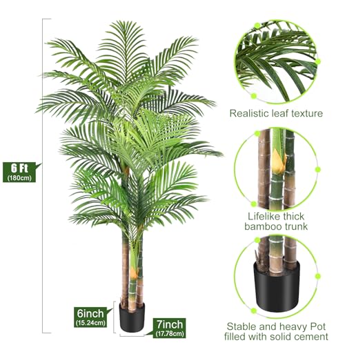 6ft Tall Triple Golden Cane Palm Artificial Tree Large Tropical Palm Tree UV Resistant Fake Plant in Pot for Indoor Outdoor Big House Living Room Outside Patio Office Home Decor 1Pack - size: 6ft