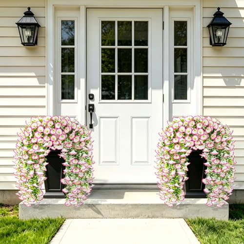 Artificial Hanging Flowers for Outdoor, 4Pcs UV Resistant Faux Morning Glory Flower Spring Summer Decroation, No Fade Fake Flower Trailing Vine for Porch Patio Balcony Yard Garden (Pink) - color: Pink