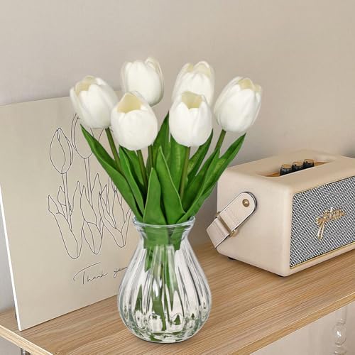 Oairse Artificial Tulips Flowers Floral Arrangement - 6 Stems Faux Flowers with Clear Glass Vase with Faux Water 12.5" White Fake Tulips Bouquet Centerpiece for Table Living Room Home Office Decor - color: White