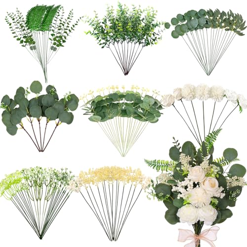 120PCS 15 Kinds Artificial Eucalyptus Stems Mixed Faux Eucalyptus Stems Leaves and Flowers Bulk Silver Dollar Eucalyptus Stems for Floral Arrangements Wedding Home Vase Bouquet Greenery Decoration - color: Sage Green & White