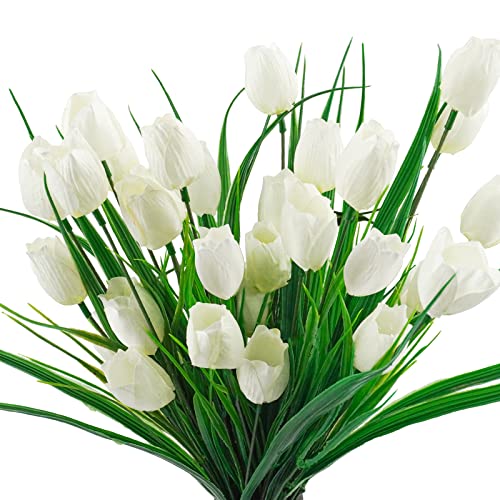 6 Bundles Tulips Artificial Flowers,30 Heads Outdoor Artificial Tulip Faux Plastic Greenery Shrubs Plants UV Resistant for Easter Home Outside Garden Porch Window Decor (White) - color: Yellow, size: 6 PCS