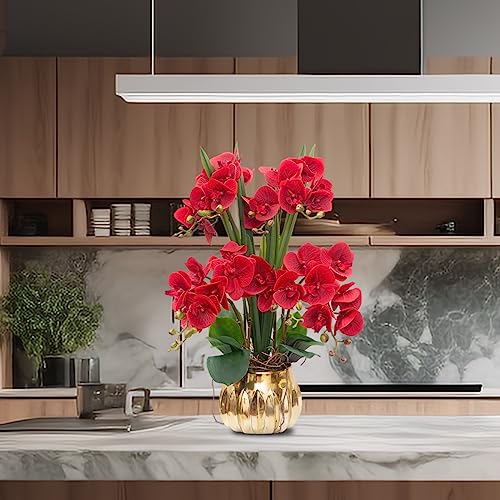 CXGS Artificial Orchid Flower Real Touch Faux Orchids in Ceramic Vase Large 22.9'' Fake Flowers Red Phalaenopsis Floral for Home Indoor Decor - color: Red- Golden (Large Pot)