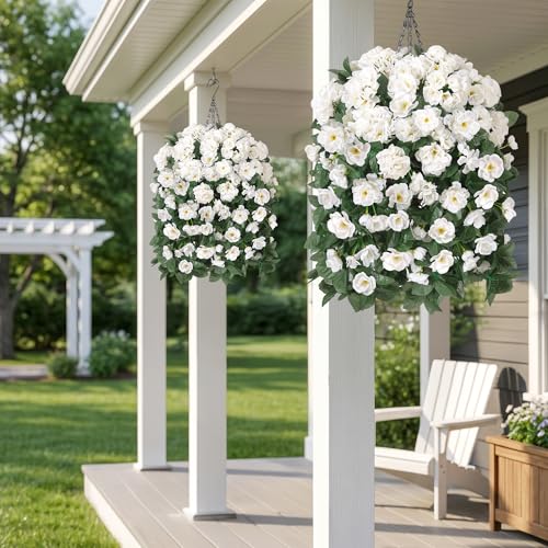 Artificial Geraniums Fake Hanging Flowers Basket for Spring Outdoor Decoration, Faux Plants Silk Geraniums Vines in Planter UV Resistant Look Real for Outdoors Yard Patio Porch Home Decor, White - color: White