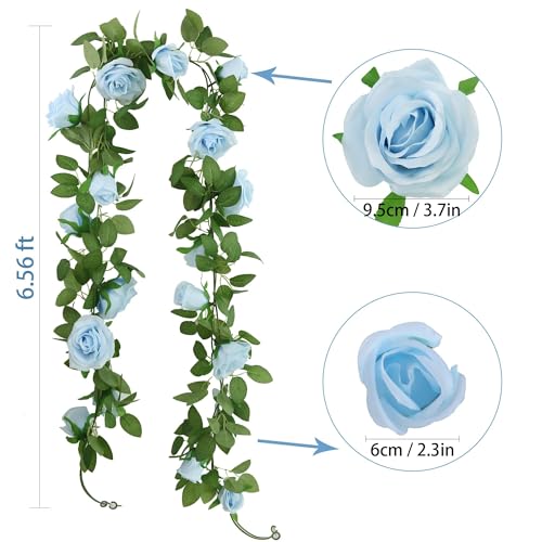 Felice Arts 2 Pack Light Blue Artificial Floral Garland Each 6.5FT Fake Rose Vine Hanging Spring Garland for Wedding Flowers Table Arrangement Room Teepee Mirror Decor - color: Lightblue
