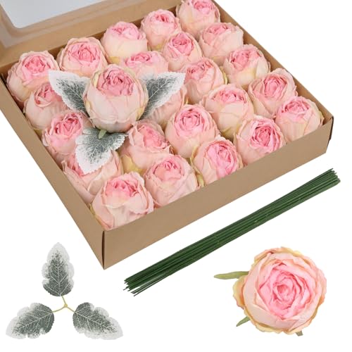 Pink Peonies Artificial Flowers,24PCS Silk Fake Flower Heads Bulk 2.56" Realistic Faux Roses with Stems for Bridal Shower Wedding Party Home Walls Decoration (Pink) - color: Pink