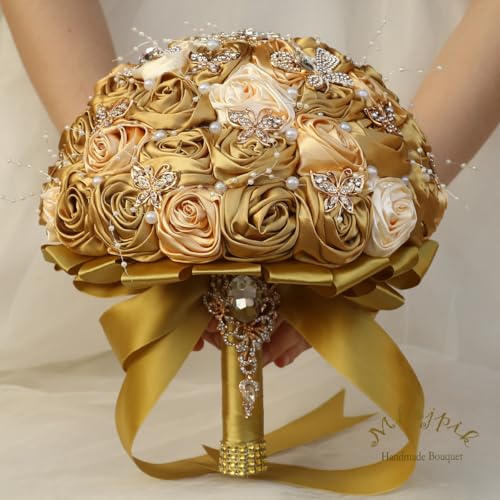 Handmade Wedding Flowers Bouquet Round Holding Bridal Bouquet Artificial Satin Roses Bunch for Bride Bridesmaid Wedding Quinceanera - color: Gold, Light Gold & Cream, size: Small (Dia. 7.5"/19cm)