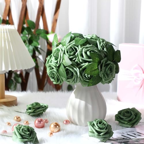 100 Pcs Artificial Foam Rose Flower Faux Bouquet Wedding Fake Rose Gift for Mother's Day Women DIY Bridal Shower Party Table Birthday Home Spring Decor (Elf Green) - color: Elf Green