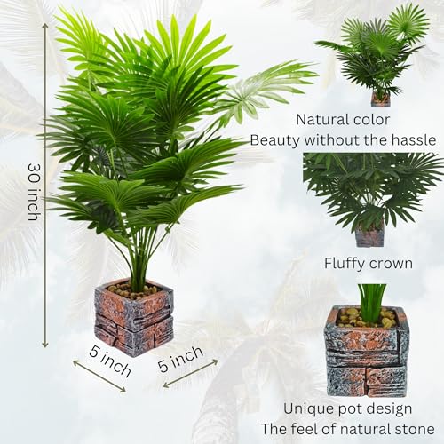 Tall Artificial Palm Tree with Realistic Leaves and Stone Textured Planter