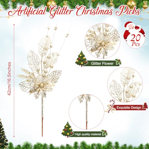 Tigeen 20 Pcs 16.5 Inch Gold Artificial Glitters Christmas Picks Decoration Sprays with Flowers Berry Leaves or Xmas Decor Wreaths Wreath Vase Fillers - color: Gold