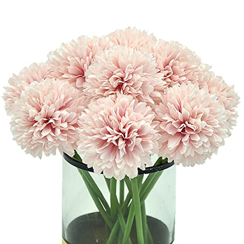 10Pcs Artificial Fake Flower Plants Silk Chrysanthemum Ball Hydrangea Arrangements Wedding Bouquets Decor Home Kitchen Garden Party Table Floral Centerpieces DIY (Light Pink) - color: Light Pink