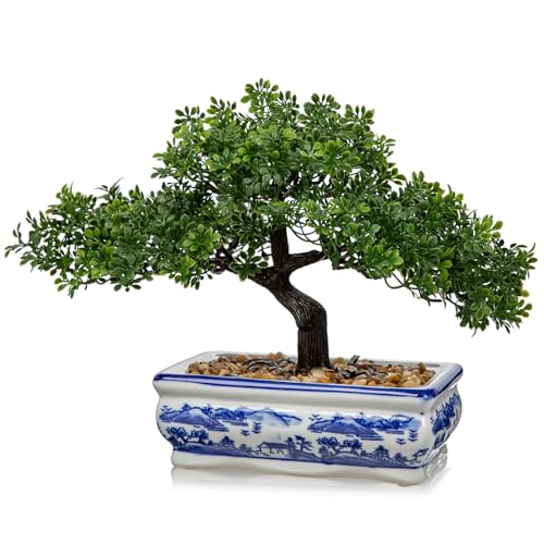Artificial Bonsai Tree with Blue and White Porcelain Pot, Fake Pine Bonsai for Home Office Desk Decor, Oriental Zen Tabletop Decoration, Faux Bonsai Plant for Living Room, Shelf & Gift - style: 7.5" BW porcelain