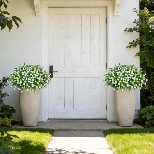 Roberly 24 Bundles Artificial Flowers for Outdoors, UV Resistant Eucalyptus Fake Flowers Shrubs Greenery Plastic Plants for Garden Porch Window Box Farmhouse Indoor Home Decor, White - color: White