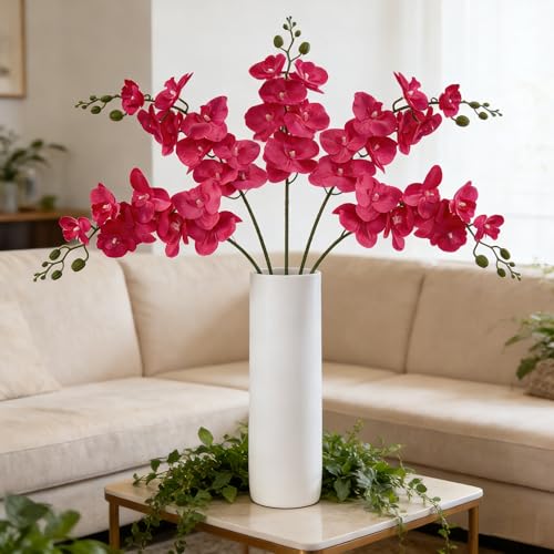 HCTCPALS Artificial Flowers for Outdoors 6 Pcs Orchids Plant Realistic Silk Fake Flowers for UV Resistant Faux Plants Outdoor Indoor Outside Front Porch Hanging Planter Decoration-38" Rose Red - color: Orchid Rose-red