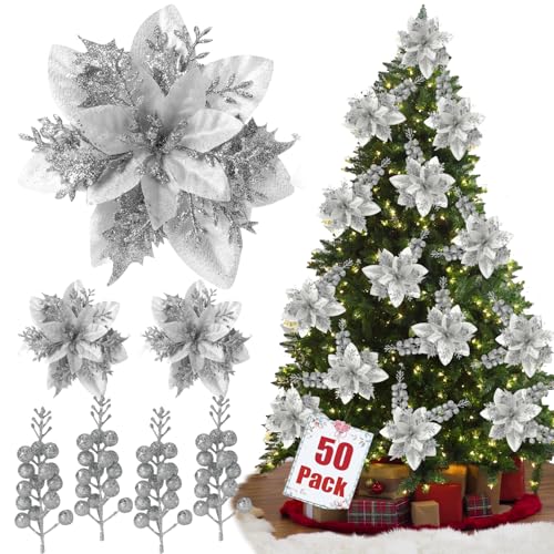 trytuny 50pcs Glitter Poinsettia Christmas Ornaments, Artificial Flowers with Clips Stems for DIY Wreath Making, Holiday Home Party Decorations, Indoor Use (Sliver) - color: Sliver