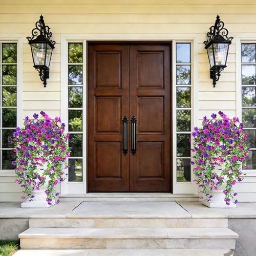 UV Resistant Artificial Hanging Flowers Outdoor Decor - 2 Pack Fake Hanging Plants with Silk Daisies for Spring Summer, No Fade Faux Flowers for Planter, Front Door, Porch, Patio, Garden, Yard - color: Purple Light Purple