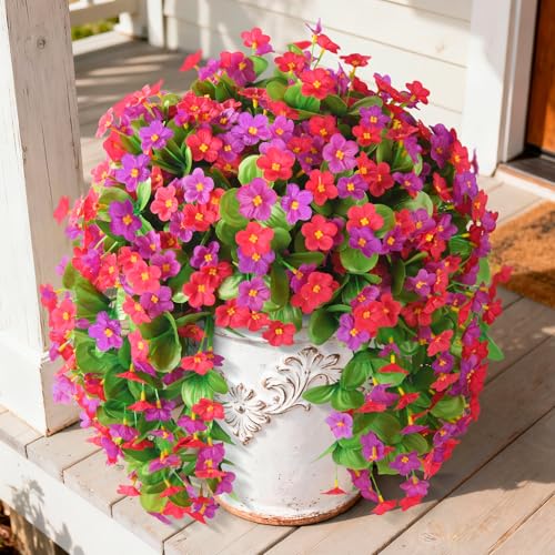 Artificial Fake Hanging Flowers for Outdoors, 2 Pcs Artificial Hanging Plants Outdoors Spring Summer Decor, UV Resistant Faux Violet Silk Flowers for Planters Front Door Yard Garden(Pink Rose Red) - color: Pink Rose Red