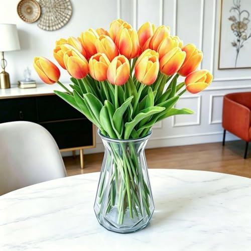 PU Real Touch Tulips Artificial Flowers 20 Pcs Fake Flowers Arrangement Bouquet for Home Office Wedding Decoration (Orange) - color: Orange 20pcs