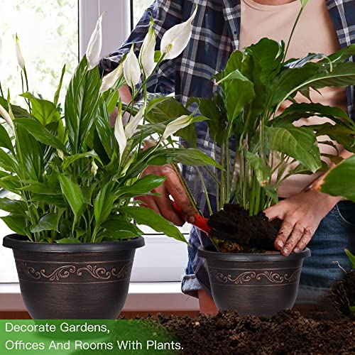 Plastic-Plant-Flower-Planters-12 Inch with Drainage Hole & Saucer, 3 Packs Lightweight Small Resin Flower Pot Indoor Outdoor, Retro Antique Imitation Decorative Garden Containers Sets for Houseplants - color: 3 Pack-12 Inch