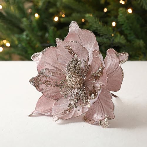 vctops 6 Pcs Poinsettia Artificial Flowers Christmas Tree Ornaments Velvet Glitter Magnolia Flowers for Xmas New Year Party Wedding Holiday DIY Decorations, Pink - color: Pink
