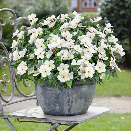 6 Pcs Artificial Flowers for Outdoors Fake Silk Periwinkle Flowers Faux Plants UV Resistant Bouquet Decorations for Planters Spring Summer Garden Porch Patio Window Box Balcony Home, White - color: White