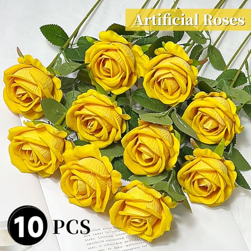 10 PCS Artificial Roses with Long Stems Silk Flowers Realistic Foam Flowers Fake Roses for Valentine's Day Home Wedding Halloween Decor(Yellow) - color: Yellow