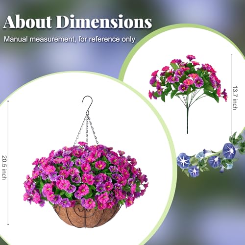 Ammyoo Artificial Hanging Flowers with Basket, Faux Silk Petunias Flower Arrangement, Coconut Lining with Morning Glories Fake Plants Patio Garden Porch Deck Spring Summer Decor(Lotus and Fuchsia) - color: Lotus and Fuchsia