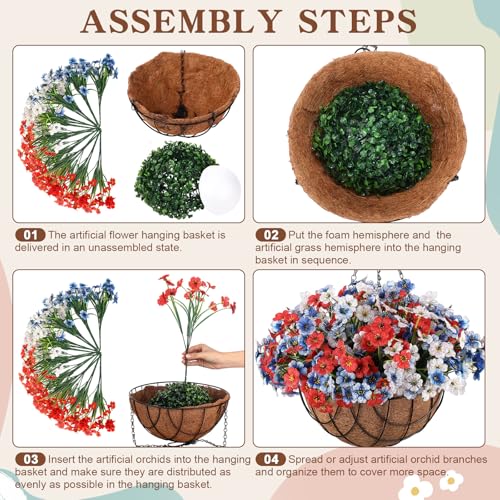 Beeveer 2 Pack Artificial Hanging Flower Basket for Outdoor Decoration Faux Orchid Hanging Plants with Coconut Lining Basket Fake Arrangement for Porch Courtyard Decor(White, Blue, 2 Pack) - color: White, Blue