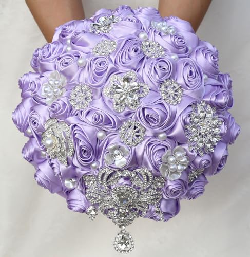 Bridal Wedding Bouquet Round Bling Brooch Bouquet Artificial Rose Flower Bunch for Bride Bridesmaid Wedding Quinceanera(Light Purple, 9.8") - color: Light Purple*, size: Large (Dia. 9.8"/25cm)