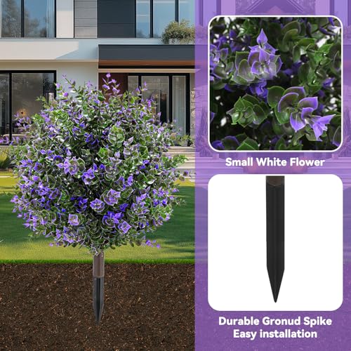 Artificial Boxwood Topiary Ball Trees with Ground Spikes UV Resistant Faux Greenery Shrubs Fake Shrubs for Outdoors, Realistic Faux Plants Bushes for Garden Porch Yard Patio Decor (Purple Green) - color: Purple Green