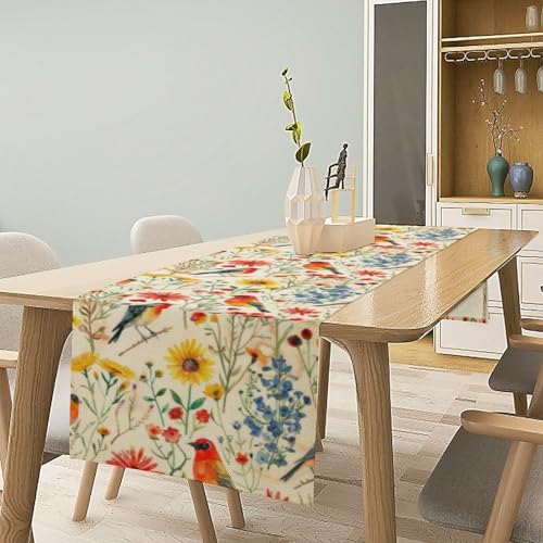 Spring Bird Floral Table Runner,Summer Birds Table Runner Burlap Table Decoration for Seasonal Home Kitchen Dining Dinner Indoor Holiday Farmhouse Decor 13x36 in - color: Bird_12, size: 13x36inch