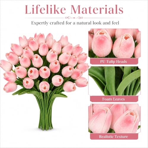 MACTING 30 PCS Artificial Tulip Flowers 13.7" Real Touch Fake PU Tulips Bouquet Faux Flowers for Floral Arrangements Table Centerpieces Kitchen Indoor Home Mothers Day Decorations,Peach Pink - color: Peach Pink