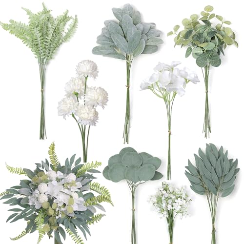 FOTEEWL 65 Pcs Artificial Greenery Stems Box Set,with 8 Kinds of Faux Plants and Fake Flowers for DIY Bridal Bouquets Wedding Floral Arrangement Table Centerpieces Decoration (Dusty Green & White) - color: Dusty Green & White