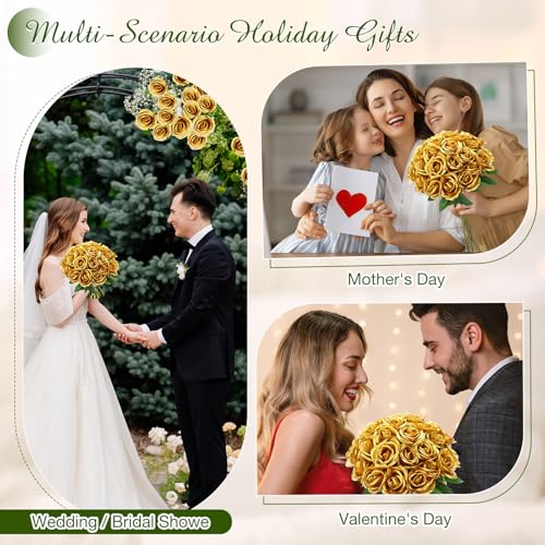 Lyrow 200 Pcs Artificial Roses Realistic Flowers Bulk Real Looking Fake Silk Rose Bouquets with Long Stem Flowers for Wedding Table Centerpieces Bridal Shower Party Home Garden Decor (Golden) - color: Golden