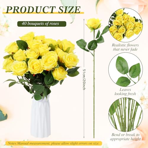 Hotop 40 Pcs Rose Artificial Flowers Bulk with Long Stem,Realistic Silk Fake Roses Bouquet for Home Wedding Centerpieces Party Table Decoration Valentines Gifts(Yellow) - color: Yellow